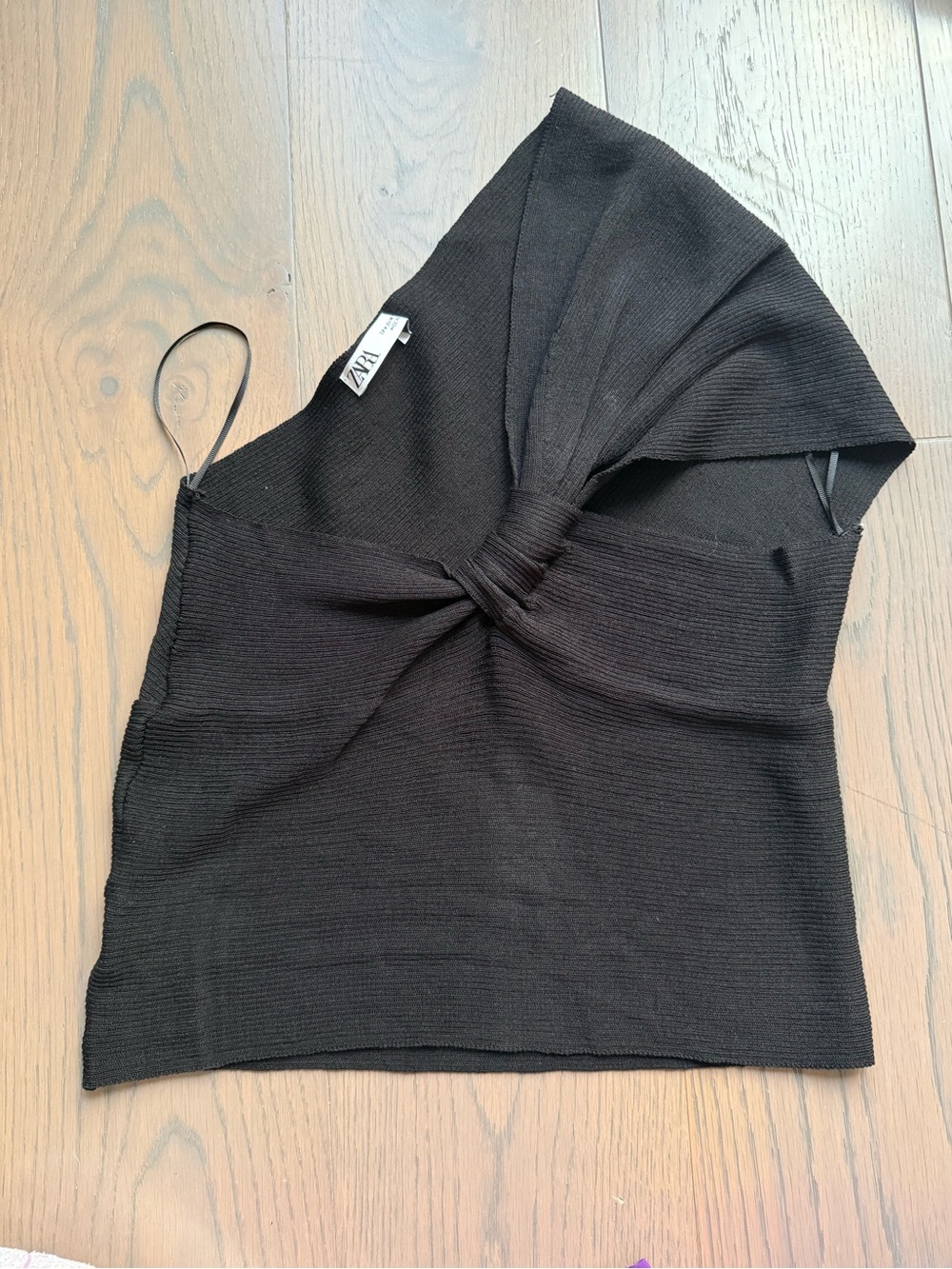 Zara Black Asymmetric One-Shoulder Knit Top with Front Twist